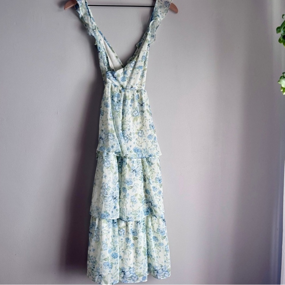 Altar'd State Floral Backless Dress in Blue and Cream
